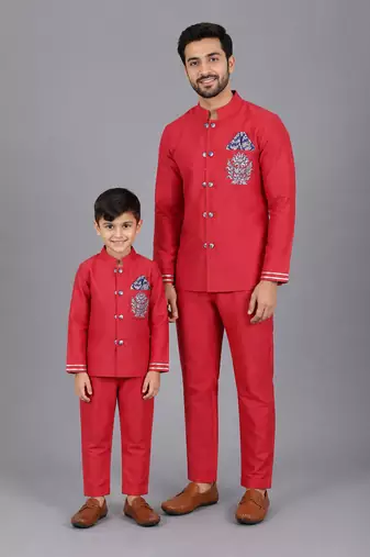 Red embroidered cotton silk father son bandhgala combo set