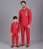 Red embroidered cotton silk father son bandhgala combo set