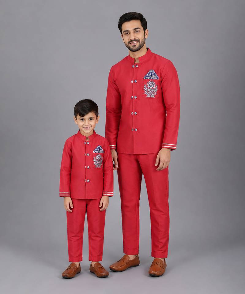 Red embroidered cotton silk father son bandhgala combo set