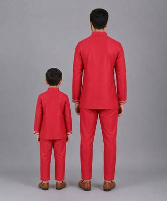 Red embroidered cotton silk father son bandhgala combo set 2