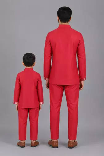 Red embroidered cotton silk father son bandhgala combo set