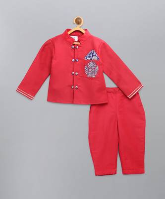 Red embroidered cotton silk father son bandhgala combo set 3