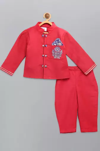 Red embroidered cotton silk father son bandhgala combo set
