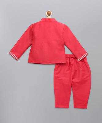 Red embroidered cotton silk father son bandhgala combo set 4