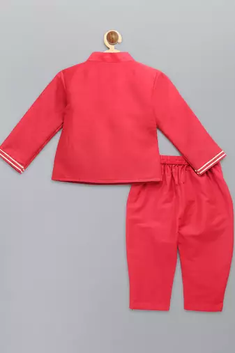Red embroidered cotton silk father son bandhgala combo set