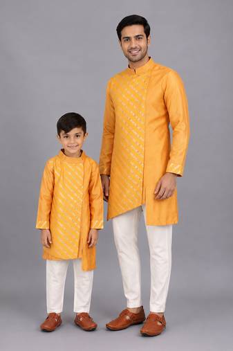 Marigold orange cotton silk father son kurta combo set