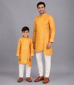 Marigold orange cotton silk father son kurta combo set