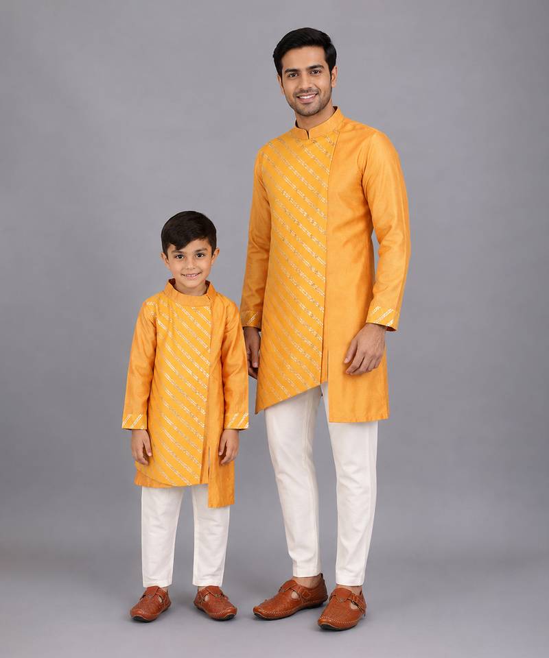Marigold orange cotton silk father son kurta combo set