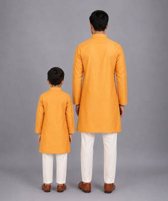 Marigold orange cotton silk father son kurta combo set 2