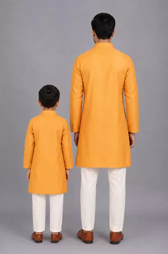 Marigold orange cotton silk father son kurta combo set