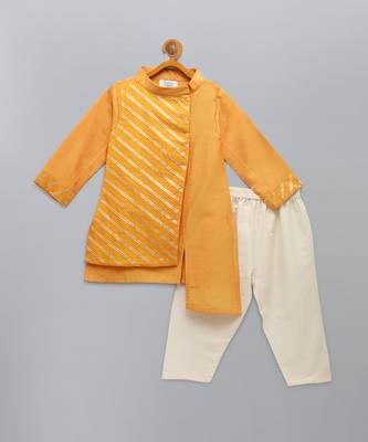 Marigold orange cotton silk father son kurta combo set 3