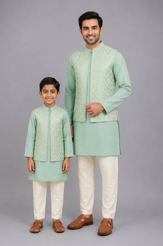 Mint green woven cotton silk father son kurta combo set