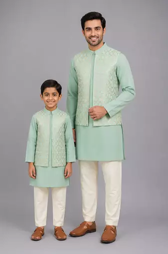 Mint green woven cotton silk father son kurta combo set