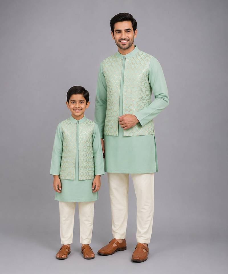 Mint green woven cotton silk father son kurta combo set