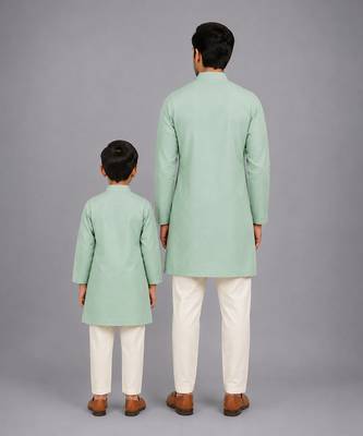 Mint green woven cotton silk father son kurta combo set 2