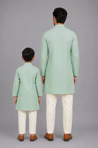 Mint green woven cotton silk father son kurta combo set