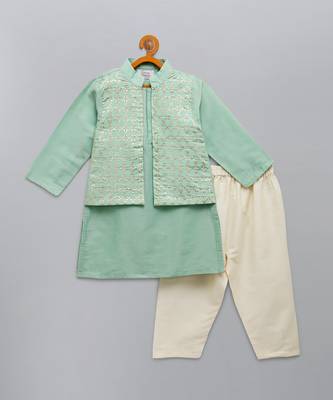 Mint green woven cotton silk father son kurta combo set 3
