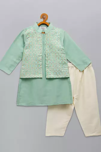 Mint green woven cotton silk father son kurta combo set