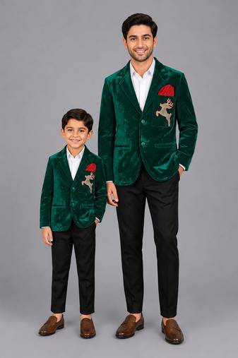 Green embroidered velvet father son blazer combo set