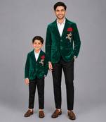 Green embroidered velvet father son blazer combo set