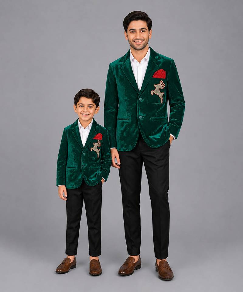 Green embroidered velvet father son blazer combo set
