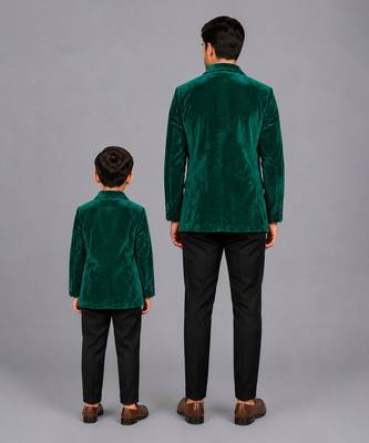 Green embroidered velvet father son blazer combo set 2