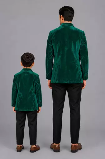 Green embroidered velvet father son blazer combo set