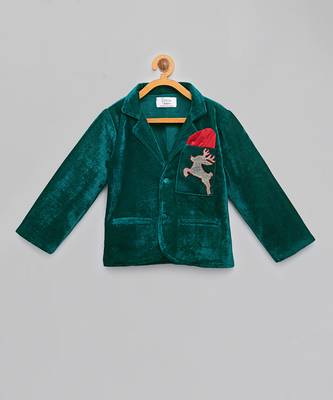 Green embroidered velvet father son blazer combo set 3