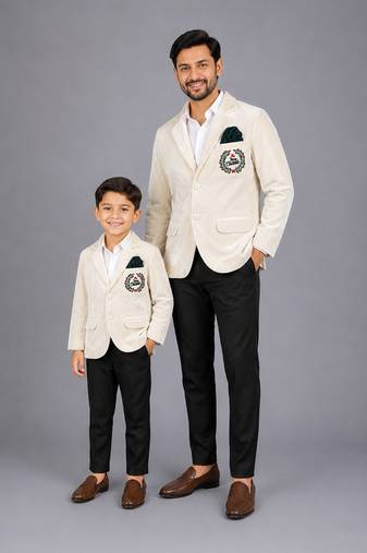 White embroidered velvet father son blazer combo set