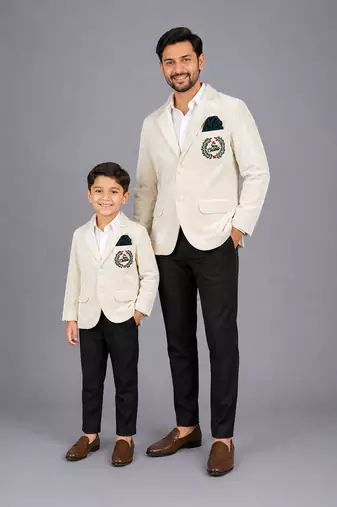 White embroidered velvet father son blazer combo set