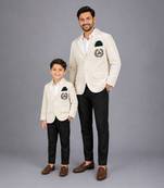 White embroidered velvet father son blazer combo set