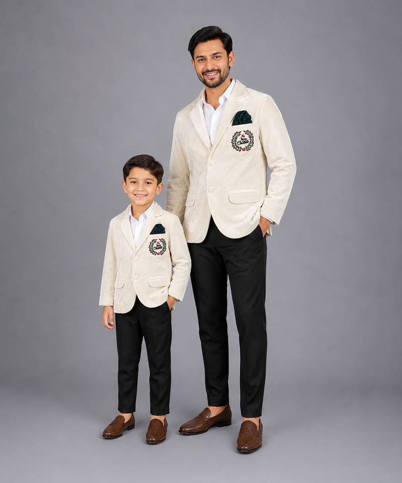 White embroidered velvet father son blazer combo set