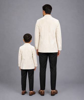 White embroidered velvet father son blazer combo set 2