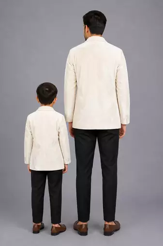 White embroidered velvet father son blazer combo set
