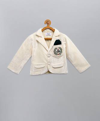 White embroidered velvet father son blazer combo set 3