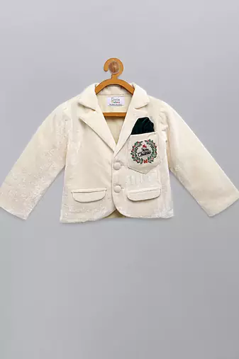 White embroidered velvet father son blazer combo set