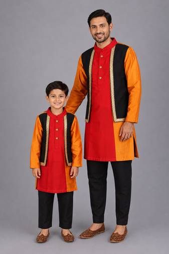 Multicolor cotton silk father son kurta combo set