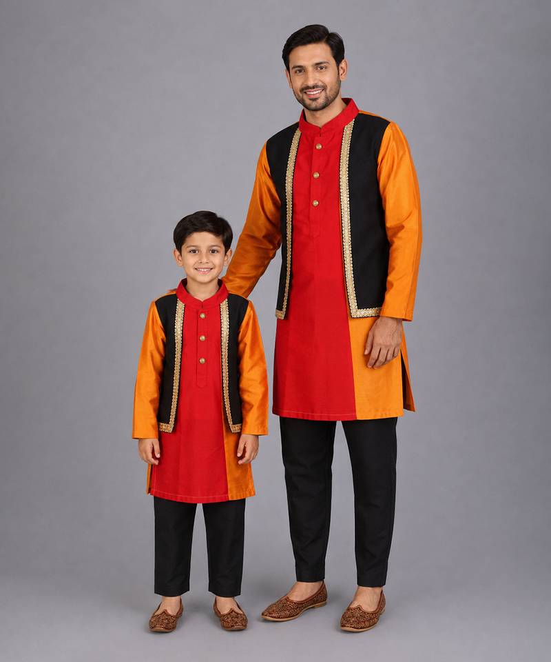Multicolor cotton silk father son kurta combo set