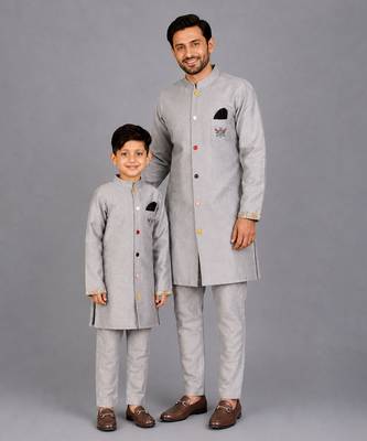 Grey cotton silk father son bandhgala combo set 1