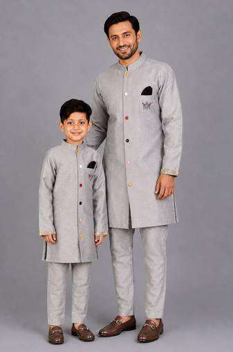 Grey cotton silk father son bandhgala combo set