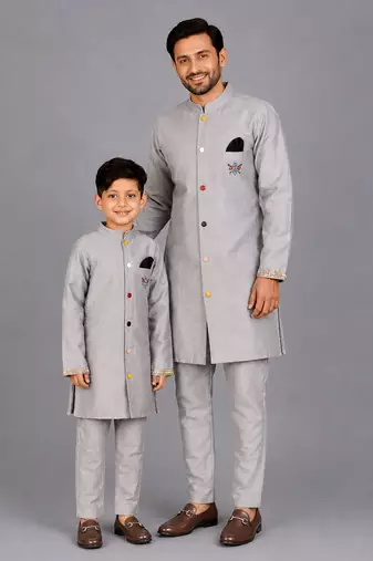 Grey cotton silk father son bandhgala combo set