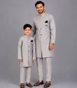 Grey cotton silk father son bandhgala combo set