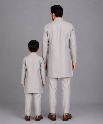 Grey cotton silk father son bandhgala combo set 2