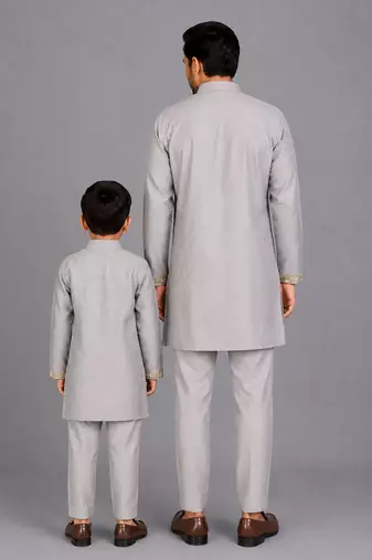 Grey cotton silk father son bandhgala combo set