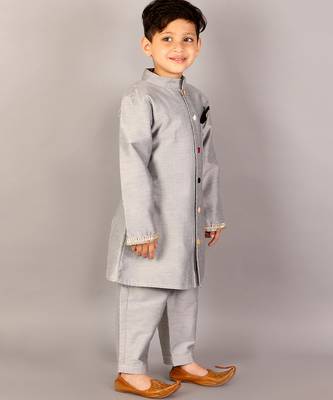 Grey cotton silk father son bandhgala combo set 3