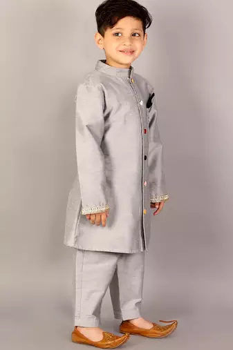 Grey cotton silk father son bandhgala combo set