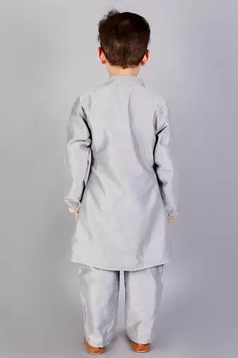 Grey cotton silk father son bandhgala combo set