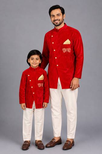 Red printed velvet father son bandhgala combo set