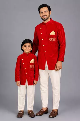 Red printed velvet father son bandhgala combo set