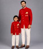 Red printed velvet father son bandhgala combo set